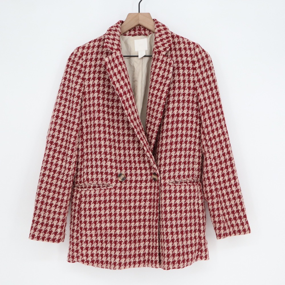 HM Womens Red Cream Houndstooth Double Breasted Blazer Jacket Size 2